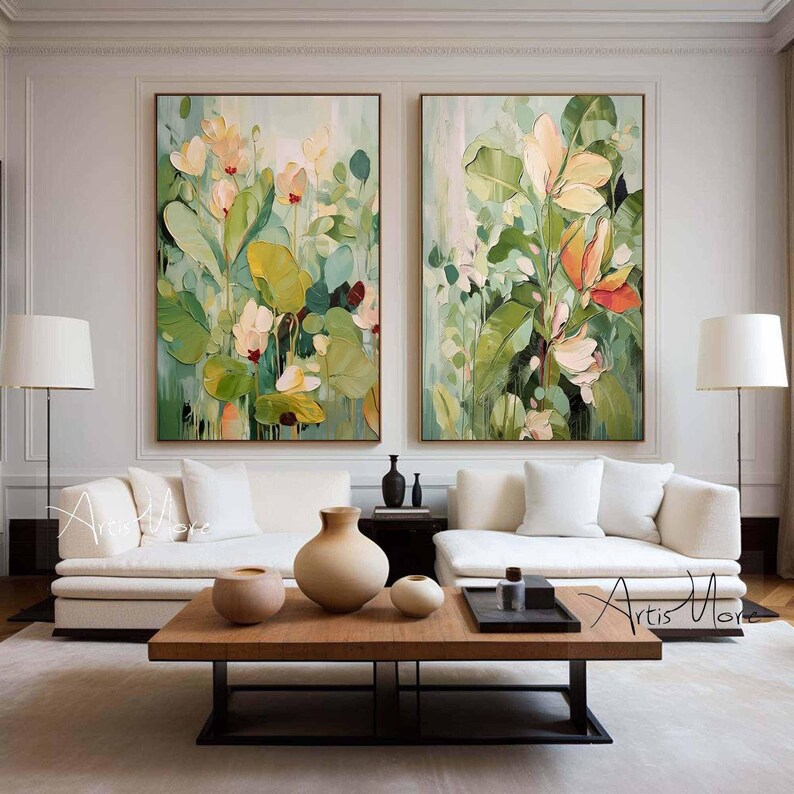 Abstract Floral Canvas Painting Set: Green & Pink Botanical Wall Art - Etsy