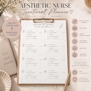May include: A white paper treatment planner for aesthetic nurses on a clipboard, featuring eight numbered sections for patient details, appointment times, treatments, and dosages. The text includes "Aesthetic Nurse Treatment Planner" and "Plan, Treat, Enhance" with icons for injectors, nurse practitioners, and physician assistants. It specifies US letter 8.5 x 11 inch sizing.
