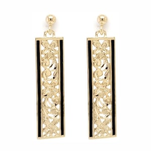 Hawaiian 8mm Vertical Earrings | Made in Hawaii | Hand Engraved Flower Scroll | Hawaiian Heirloom Jewelry | 14K Gold Glaze Silver