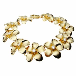 XLG Hawaiianisches Plumeria Armband | Hergestellt in Hawaii | Blumen Armband | Hawaiianisches Erbstück Schmuck | 14K Goldglasur-Silber