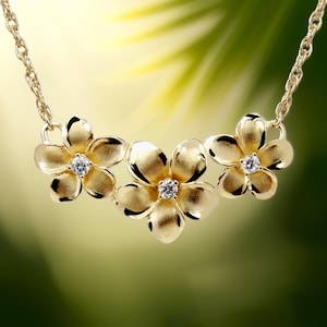 Hawaiian Plumeria Necklace | 18&quot; Rope Chain | Made in Hawaii | Floral Necklace | Hawaiian Jewelry | 14K Gold or 14K Gold Glaze Silver