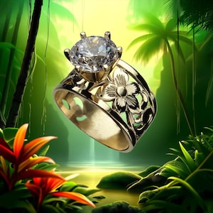 15mm Hawaiian Engraved CZ Ring | Made in Hawaii | Floral Scroll Cut-Out | Hawaiian Heirloom Jewelry | 14K Gold-Glaze Silver or 14K Gold
