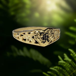 Hawaiian Style Initial Heart Ring | Floral Scroll Cut-Out | Hawaiian Heirloom Jewelry | Made in Hawaii | 14K Gold or 14K Gold-Glaze Silver