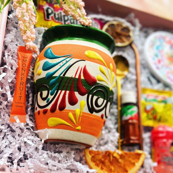 Handmade Margarita Cocktail Kit, Spicy Tajin, Painted Clay Cup