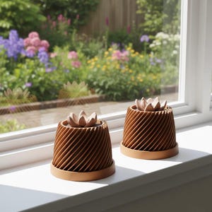 May include: Two brown, spiral-patterned planters with a light brown succulent on top sit on a white windowsill. The planters have a matching base. A garden with colourful flowers is visible through the window.