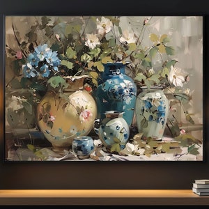 Pintura al óleo de jarrón de flores vintage, impresión de jarrón de flores, lienzo de flores de campo, póster de flores, arte mural de flores
