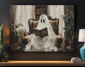 Ghost Reading Book Canvas Print: Halloween Wall Art