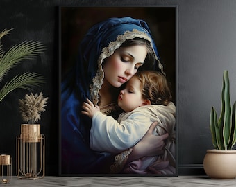 Virgin Mary and Baby Jesus Print: Catholic Canvas Wall Art