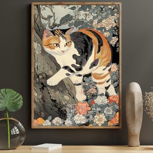Japanese Calico Cat Canvas Print: Floral Wall Art