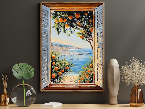 Coastal Orange Grove Canvas Print, Mediterranean Views Poster, Vibrant Seaside Wall Art