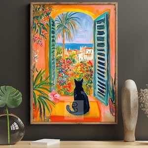 May include: A painting of a black cat sitting on a windowsill, looking out at a colourful cityscape. The window is open and the cat is gazing at the view. The painting is done in a bright, colourful style.