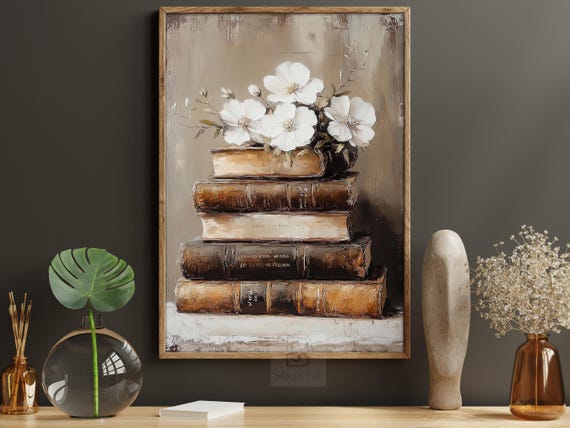 Vintage Flowers and Books Canvas Painting: Library Wall Art