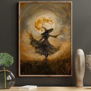 Cottage Witch Dancing Under Moonlight Painting, Vintage Witch Print, Witchy Canvas Print, Halloween Wall Art, Witch Poster Print