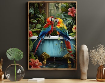 Parrot Bathroom Art Print: Tropical Birds, Animal Wall Decor