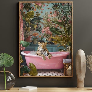 Tropical Leopard in Pink Bathtub Canvas Print - Bathroom Wall Art - Etsy