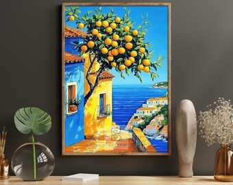 May include: A framed painting depicts a coastal scene with a vibrant orange tree laden with fruit. Buildings in shades of blue and yellow line the shore, with a clear blue sky and sea in the background. The artwork is in a wooden frame.