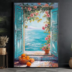 May include: A framed painting shows a coastal scene with open turquoise shutters. Pink roses surround the window, overlooking the sea. A basket of oranges sits on a stone ledge. A potted plant is on the right.