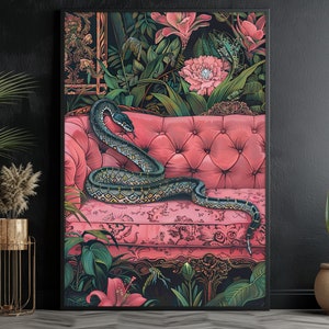 May include: A green snake curled up on a pink tufted sofa with floral patterned upholstery. The sofa is surrounded by lush green foliage and pink flowers.