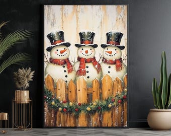 Vintage Three Snowmen Canvas, Warm Xmas Holiday Poster Print, Christmas Wall Art, Christmas Decor