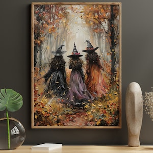 Vintage Three Witches In The Forest Painting, Witch Print, Witchy Canvas Print, Halloween Wall Art, Halloween Decor, Witch Poster