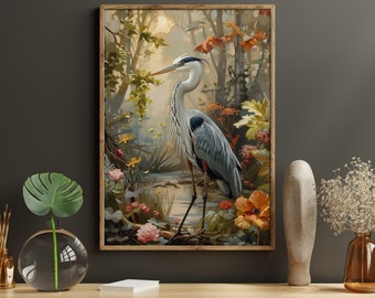 Vintage Heron in Forest Painting: Cottagecore Bird Art Print
