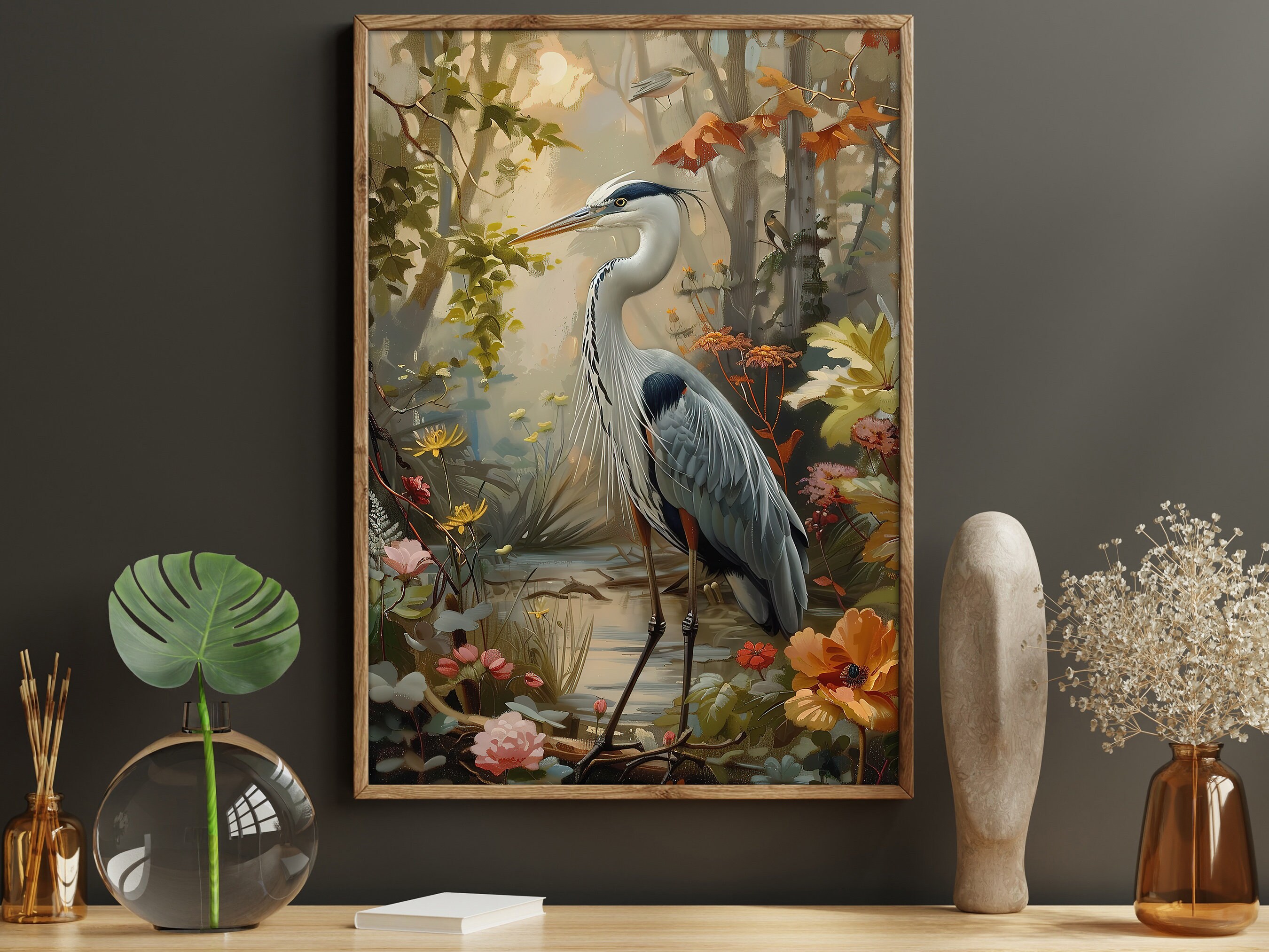 Vintage Heron in Forest Painting: Cottagecore Bird Art Print - Etsy