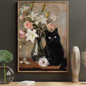 Pintura vintage de jarrón de flores y gatos negros, impresión de gato de cabaña, impresión de lienzo de gato, impresión de póster de animales, arte de pared de flores, regalo de amante de los gatos