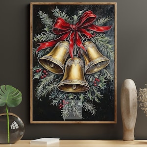 May include: A framed painting depicting three ornate golden bells, embellished with a rich red bow and sprigs of holly and evergreen. The artwork is set against a dark backdrop, evoking a festive Christmas theme.