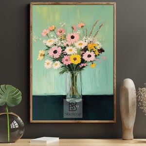 Impresión en lienzo de ramo de flores silvestres, póster floral de margaritas, decoración de pared con jarrón de primavera