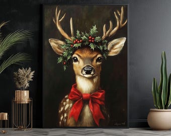 Vintage Reindeer Christmas Canvas Print: Cottage Holiday Wall Art