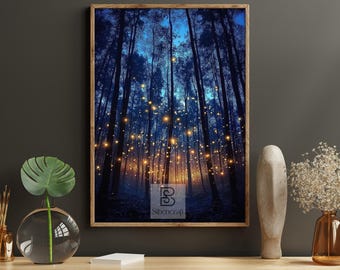 Fireflies Forest Canvas Print, Enchanted Woods Poster, Magical Night Wall Art Decor