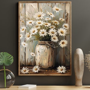 Cuadro vintage de jarrón con flores blancas, impresión artística de flores, lienzo con flores de campo, póster de flores, arte mural con flores