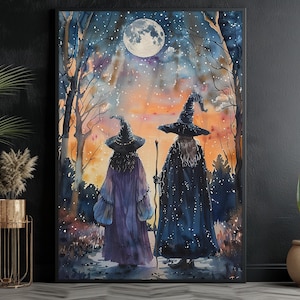 Mother and Child Witches Under Moonlight Canvas Print, Halloween Wall Art, Halloween Decor, Cottage Witch Poster