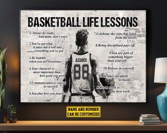 May include: Black and white poster with a basketball player wearing a jersey with the number 88. The poster has a list of basketball life lessons, including "Always be ready", "Be humble", "Believe in yourself", and "Team work is the best work".