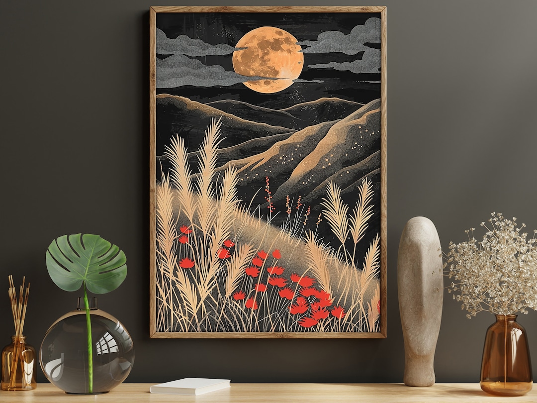 Vintage Moon Mountains Painting: Botanical Landscape Canvas Print - Etsy