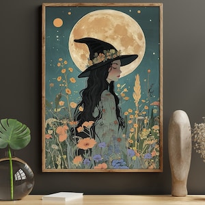 Cottage Young Witch Under Moonlight Painting, Witch Print, Witchy Canvas Print, Halloween Wall Art, Halloween Decor, Witch Poster