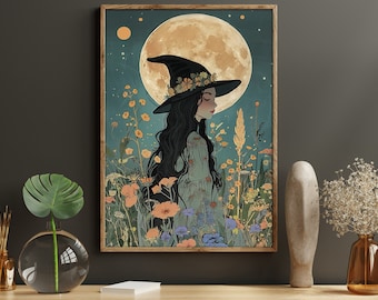 Young Witch Under Moonlight Canvas Print - Halloween Wall Art