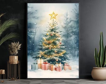 Vintage Christmas Tree Painting: Snowy Winter Holiday Poster