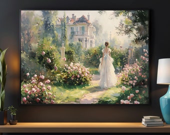 Vintage Girl in Flower Garden Oil Painting Print - Botanical Wall Art