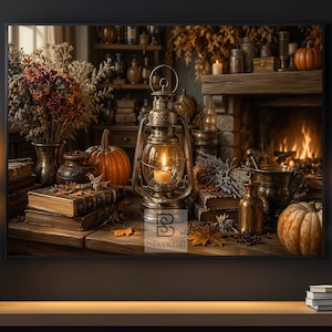 May include: A framed wall art print depicting a rustic interior scene with a lit metal lantern, orange pumpkins, stacks of old books, dried flowers in a vase, and a fireplace with a warm glow. The Sibencraft logo is visible in the center.