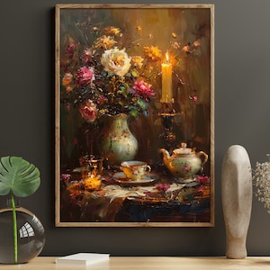 Pintura al óleo de jarrón y tetera vintage, impresión de jarrón, lienzo con flores de campo, póster de flores, arte mural con flores