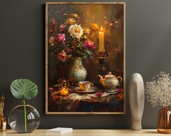 Vintage Flowers Vase Oil Painting Print: Cottagecore Floral Wall Art