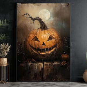May include: A carved jack-o'-lantern with a toothy grin sits on a wooden surface in a dark, moody forest setting. The pumpkin is illuminated by a bright moon in the background.