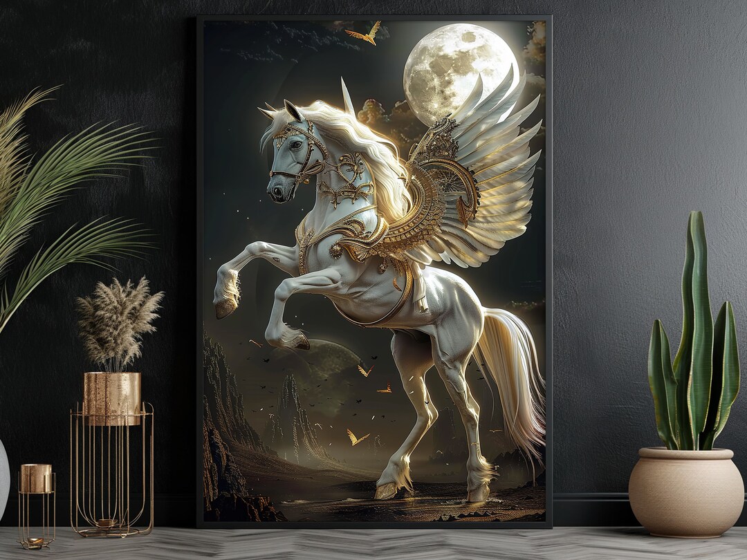 Royal Pegasus Under Moon Canvas Print: Mythical Winged Horse Art - Etsy