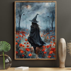 Young Witch In Dark Flower Garden Oil Painting, Witch Print, Witchy Canvas Print, Halloween Wall Art, Halloween Decor, Witch Poster Print