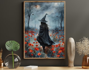 Witch in Flower Garden Oil Painting: Halloween Wall Art
