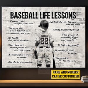 May include: Black and white illustration of a baseball player with the text "Baseball Life Lessons" and a list of 12 life lessons. The player's name and number can be customized.
