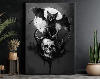 Gothic Black Cat Witch Canvas Print - Halloween Wall Art Decor