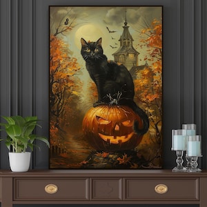 May include: A black cat sits atop a carved jack-o'-lantern pumpkin in a spooky forest setting. The cat is looking to the left, and the pumpkin has a carved face with a toothy grin. A spooky old house is visible in the background.