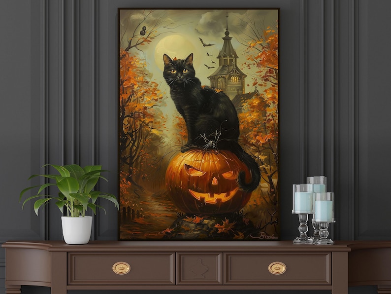May include: A black cat sits atop a carved jack-o'-lantern pumpkin in a spooky forest setting. The cat is looking to the left, and the pumpkin has a carved face with a toothy grin. A spooky old house is visible in the background.